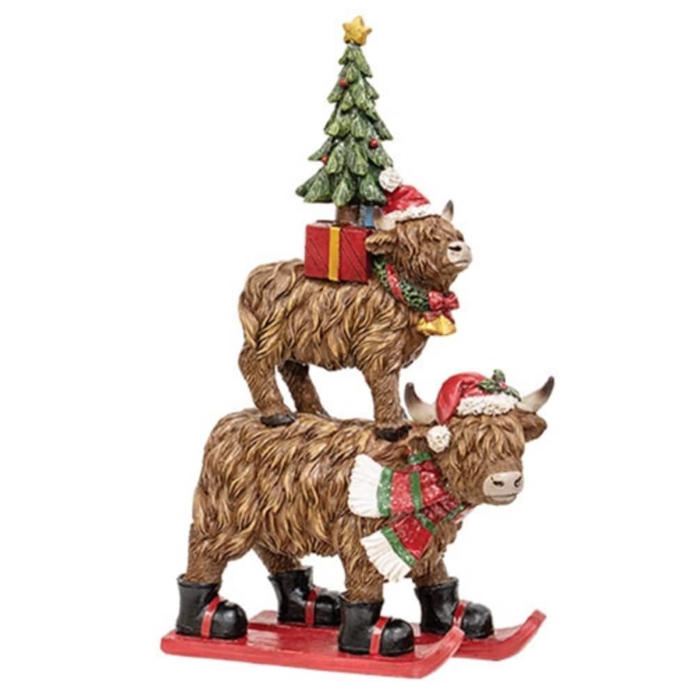 9.75"H Christmas Resin Highland Cow Decor with Stacked Tree and Mini Cow Holiday Glitter Figurine - 9.75" H x 6" W x 2" D