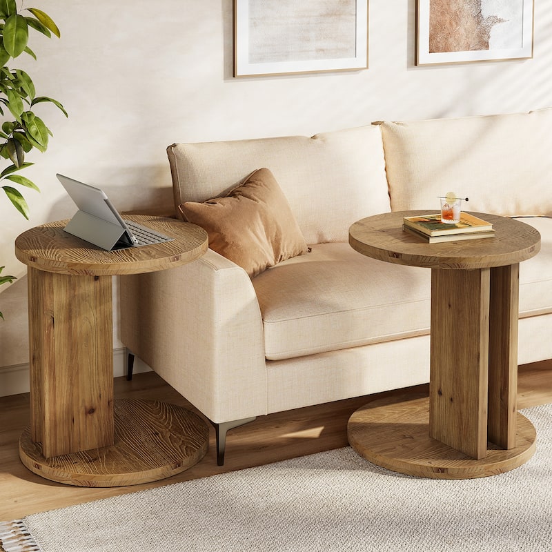 19.68" Round C-Shaped Solid Wood End Table - 2 Packs - Brown