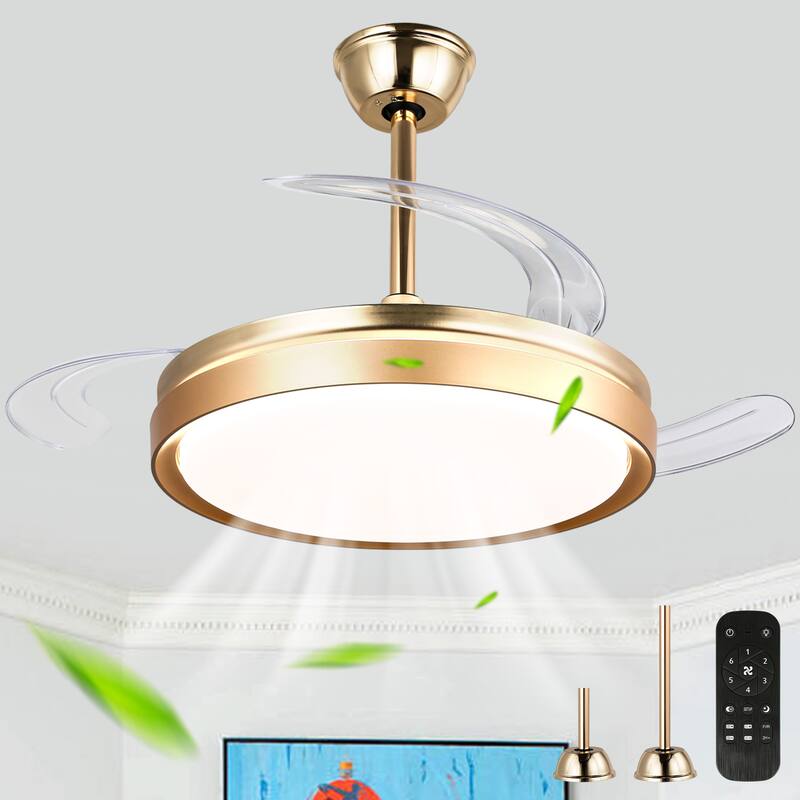 Cusp Barn 42 Inch Retractable Ceiling Fan with Lights, Modern Silent DC Motor 6 Speeds Chandelier Ceiling Fan for Bedroom - Gold
