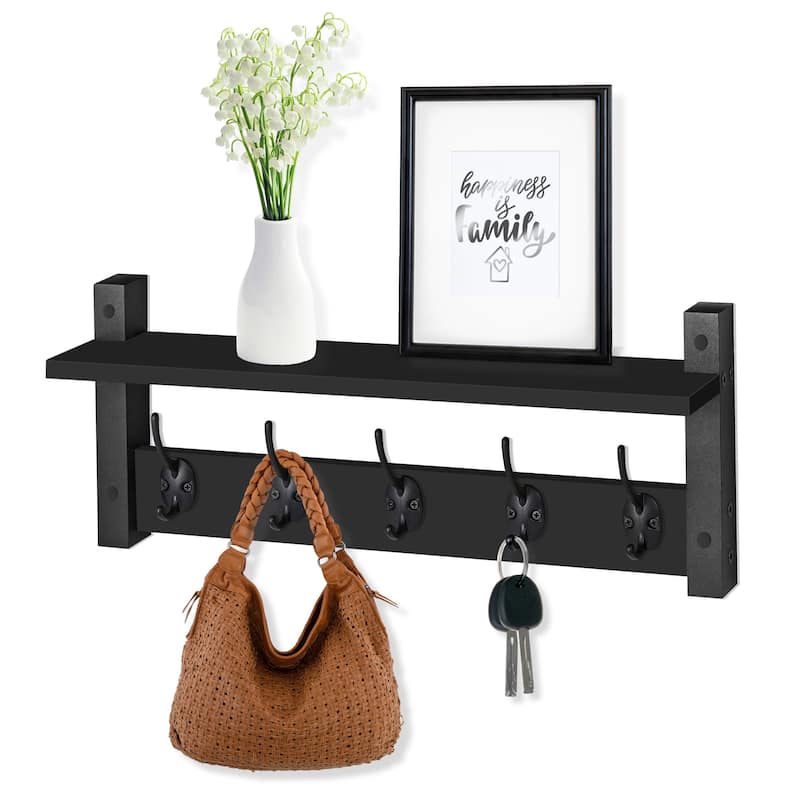 Sorbus Coat Hooks Wall Mount Floating Shelf with 5 Heavy Duty Hooks, Large and Extra Large - Black - Extra Large