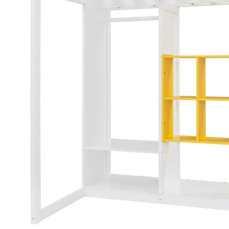 Twin Size Wood Loft Bed with Wardrobe, shelves and Cabinet