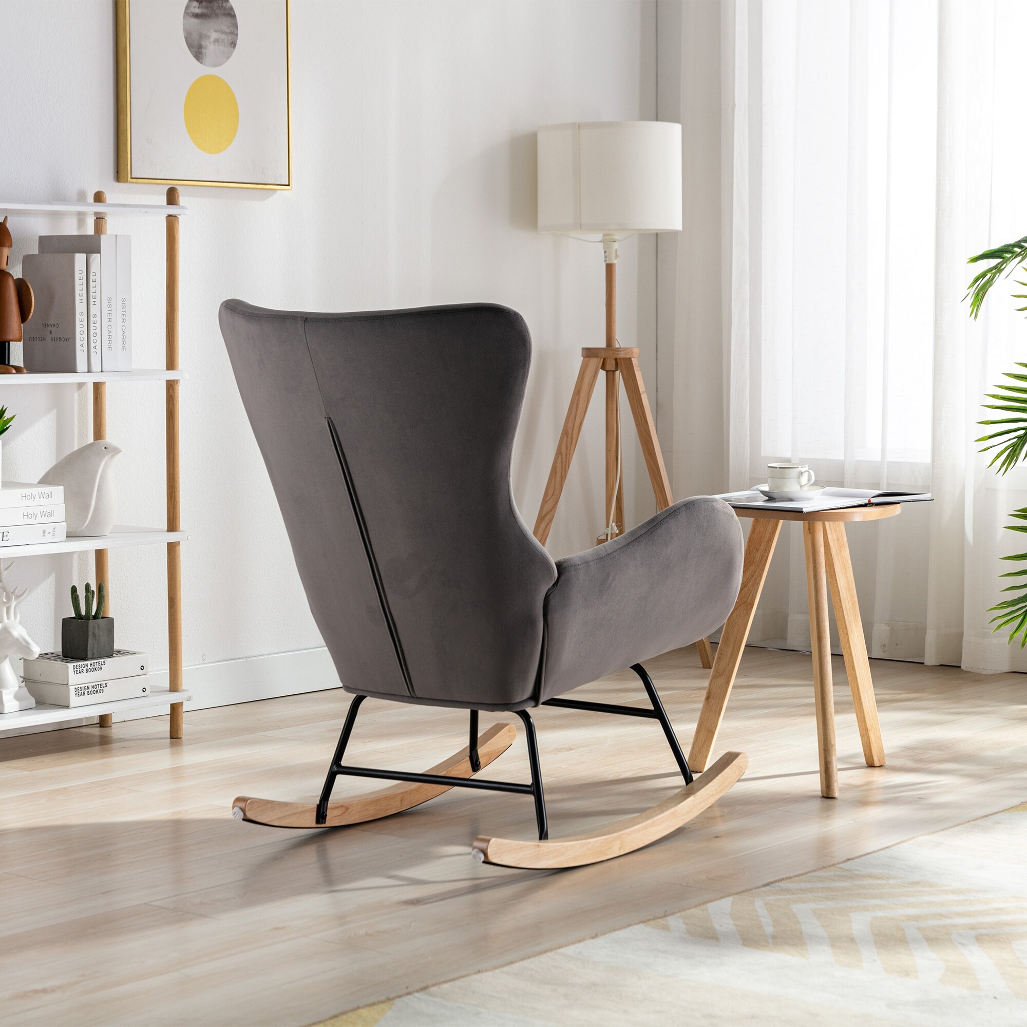 Teddy Fabric Padded Seat Rocking Chair Metal Frame Lounge Chairs