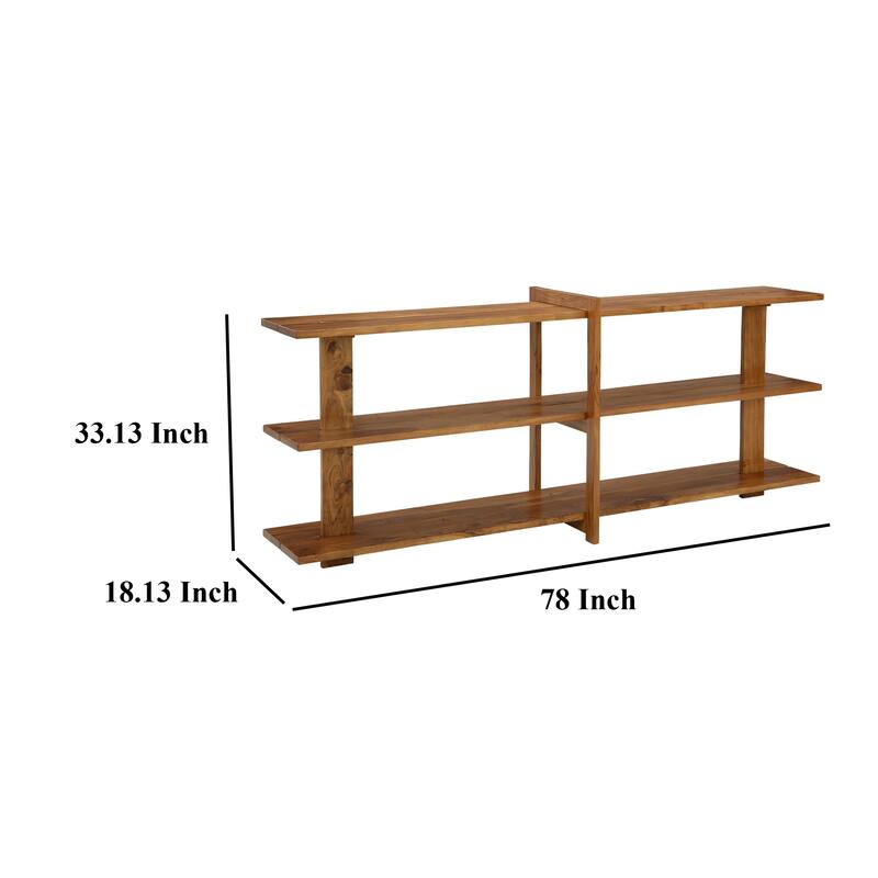 Console Sofa Table, 3 Open Shelves, Brown 78 Inch Solid Acacia Wood
