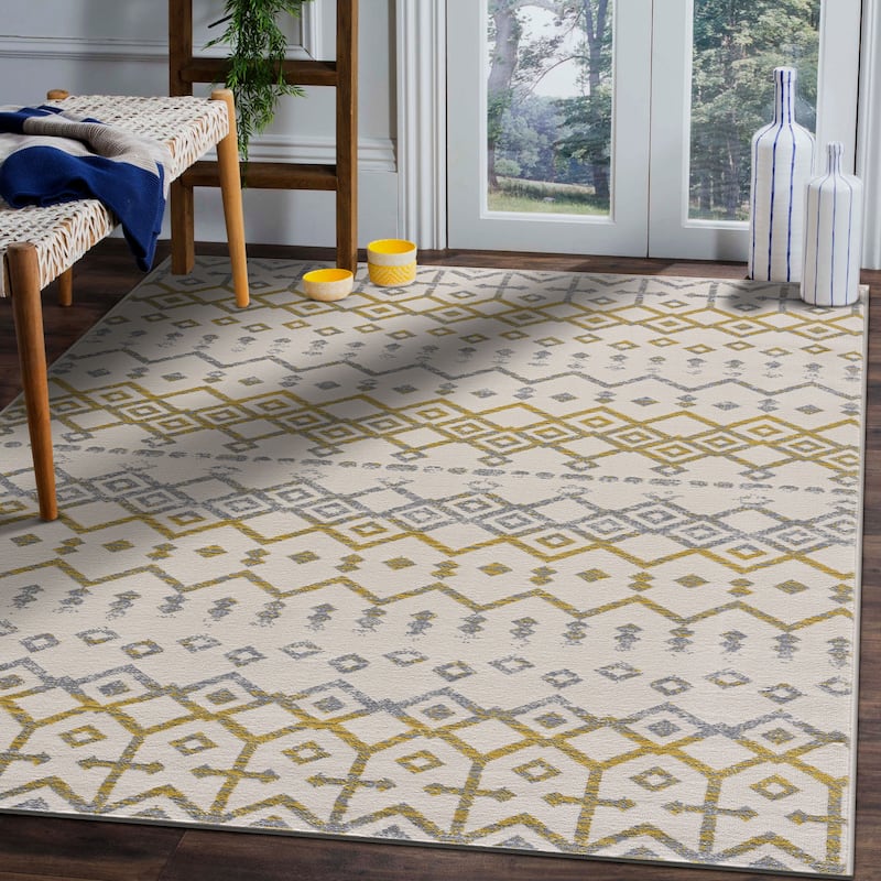 Beverly Rug Modern Bohemian Trellis Indoor Area Rug with Jute Backing for Living Room, Kitchen, Bedroom - 5x7 - Cream/Yellow