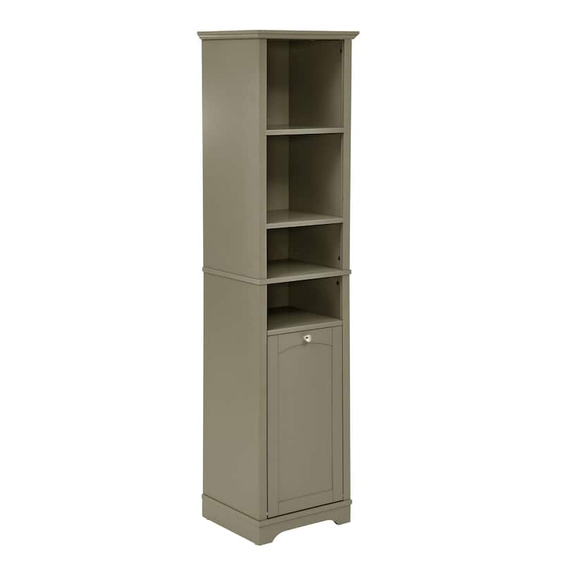 Roomfitters Tall Bathroom Storage Cabinet, Narrow Floor Organizer with Laundry Hamper, Small Space Linen Tower, Grey