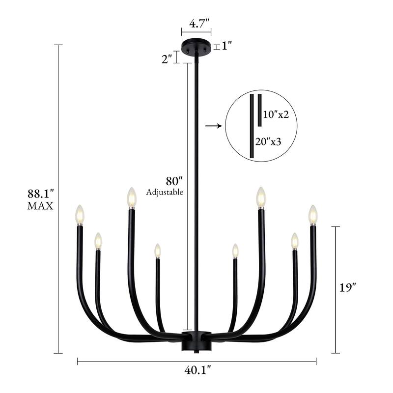 Mid-Century Modern Black 8-Light Chandelier Wheel Ceiling Light for Dining Living Room - D 40.1" x H 19"