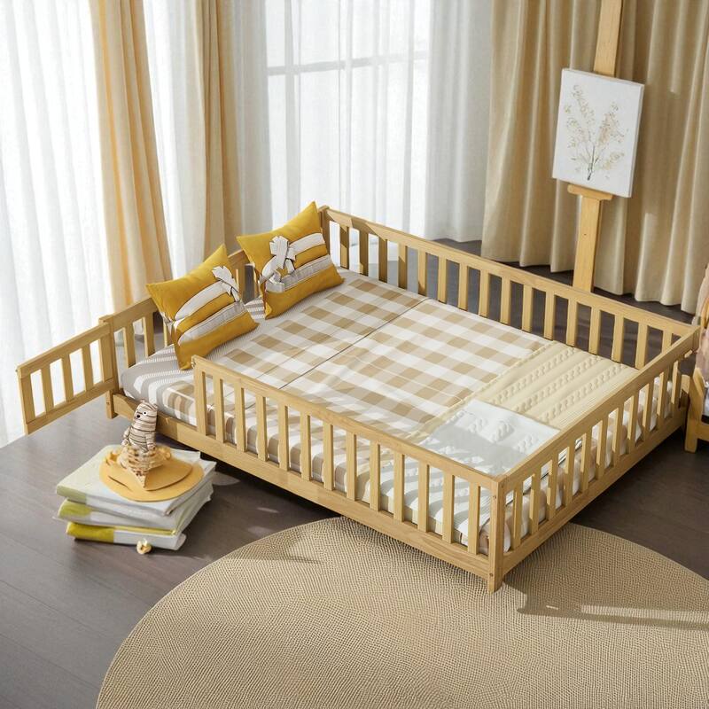Full Size Rubber Wood Floor Bed with Fence, Door and Safety Guardrails for Kids