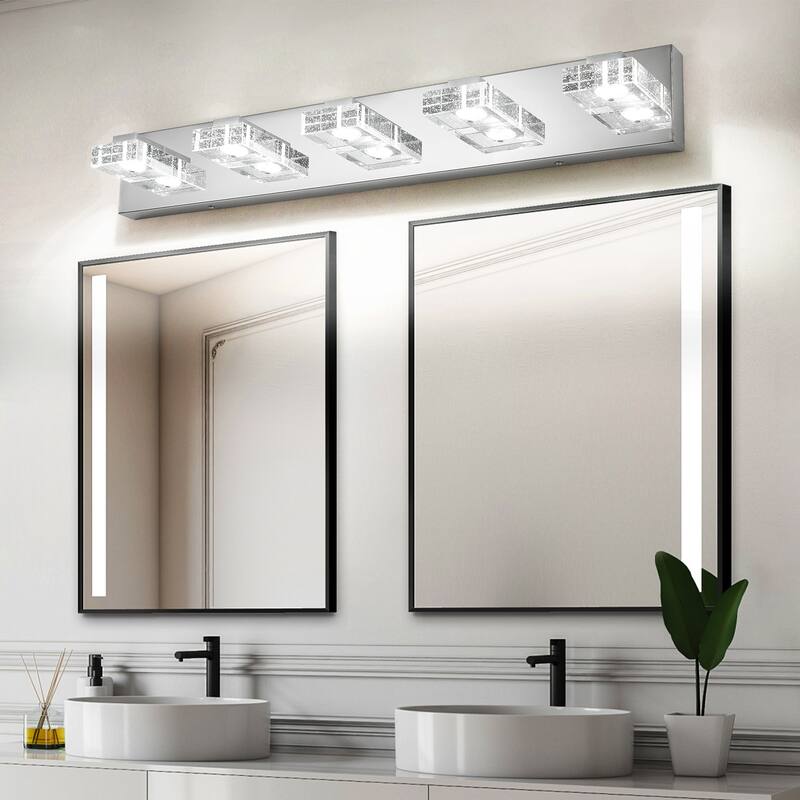 31" Modern Chrome 5-Light LED Vanity Light, Square Acrylic Lampshades Wall Mount Fixture for Bathroom, Mirror Lighting - Chrome