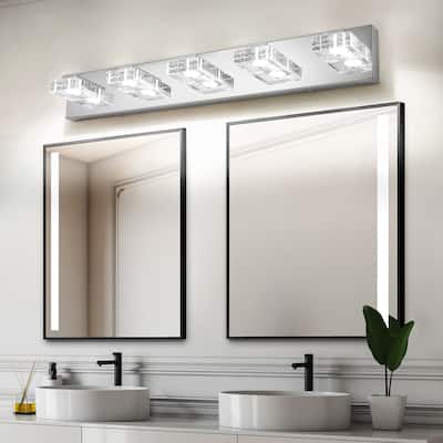 31" Modern Chrome 5-Light LED Vanity Light, Square Acrylic Lampshades Wall Mount Fixture for Bathroom, Mirror Lighting