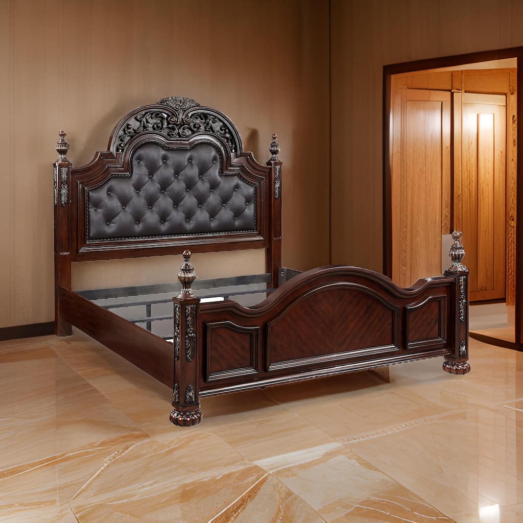 Amio Queen Bed, Button Tufted Faux Leather Headboard, Cherry Brown Wood