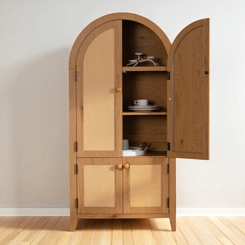 Arched Rattan Storage Cabinet with Doors and Adjustable Shelves, 63" Freestanding Pantry Cupboard.