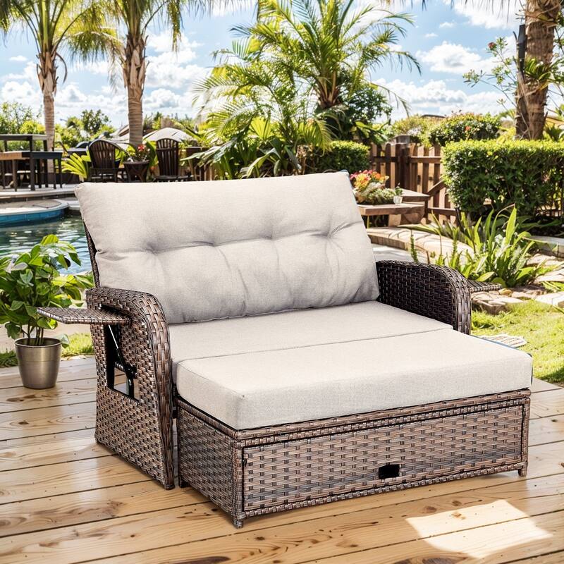 Outdoor Wicker Loveseat Lounge Chair with Ottoman - Brown - Beige