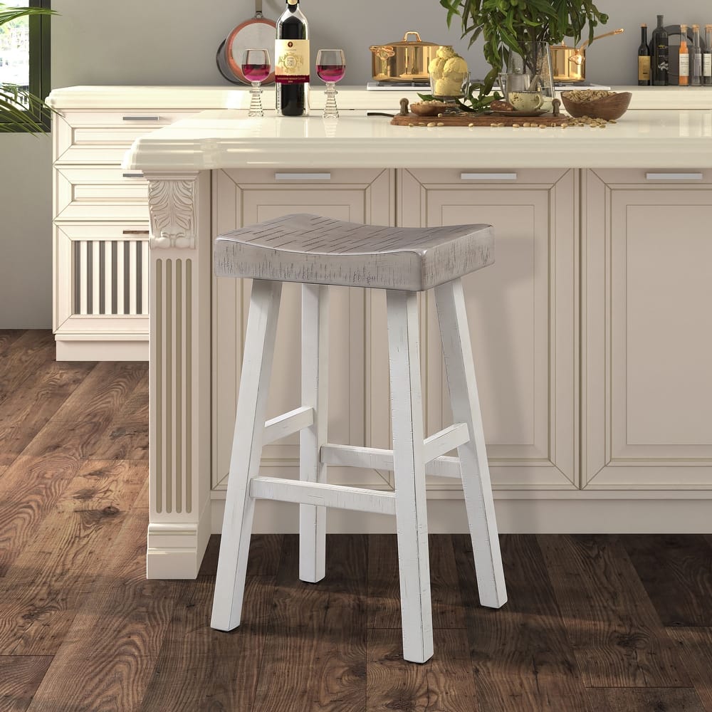 Furniture of America Barne Farmhouse Solid Wood Hefty Saddle Seat Dining Bar Stools (Set of 2)