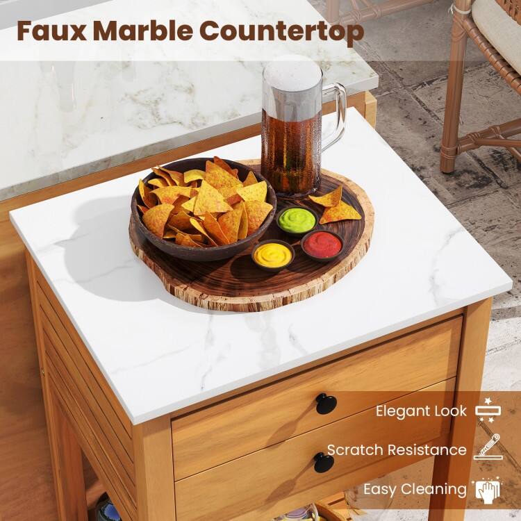 Natural Acacia Wood Resin Outdoor Buffet Cabinet with Faux Marble Top and Drawers - 20" x 16" x 36"