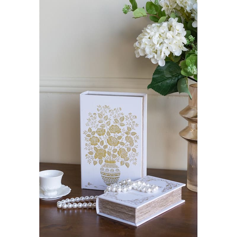 Anmytek Set of 2 Decorative Book Boxes with White and Gold Floral Motifs and Text
