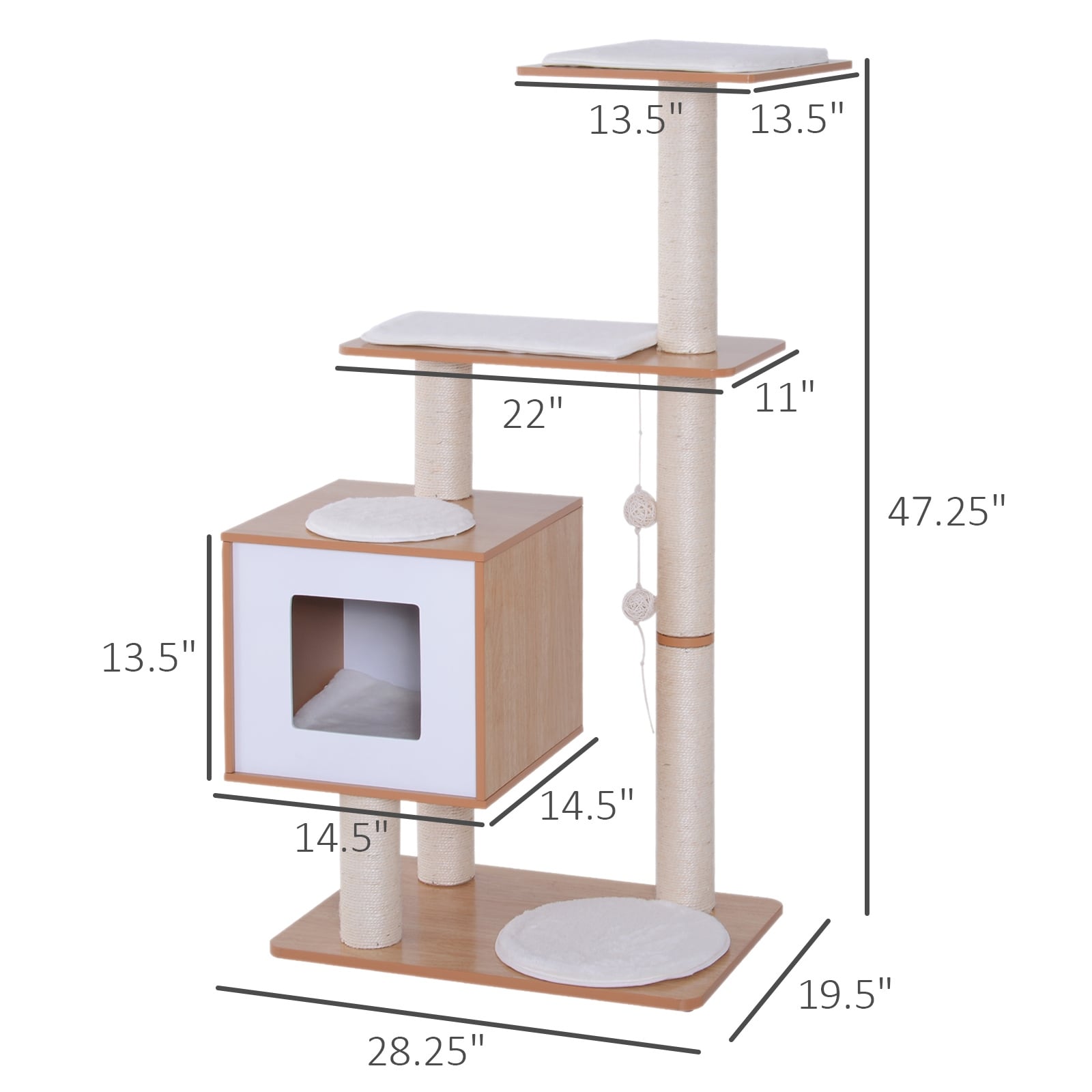 PawHut 47 Modern Cat Tree Multi Level Scratching Post With Cube Cave Enclosure Oak Wood and White Bed Bath Beyond 30141579
