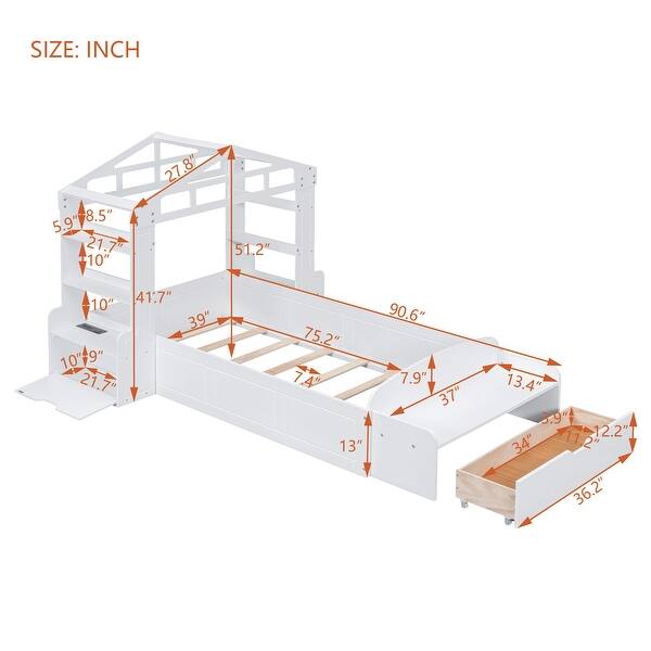 Twin Size House Bed with Bench and Socket, Wood Platform Bed Frame with USB Ports and Shelves, No Box Spring Needed