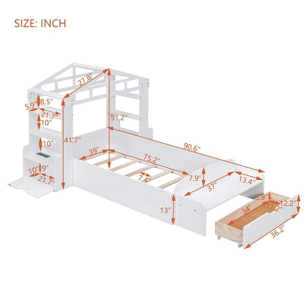Twin Wooden Low Platform Bedframe w/ Shelves, Socket & Bench at The Foot