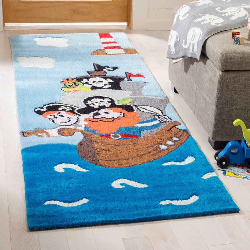 SAFAVIEH Handmade Kids Bengi Pirate Ship Polyester Rug - 2'3" x 7' Runner - Blue/Multi - Runner