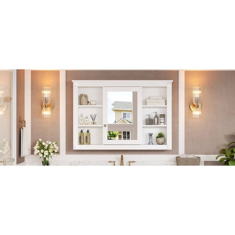 Roomfitters 42 Inch Wall Mounted Medicine Cabinet, Mirror Storage with 6 Open Shelves & Adjustable Interior Shelf, White