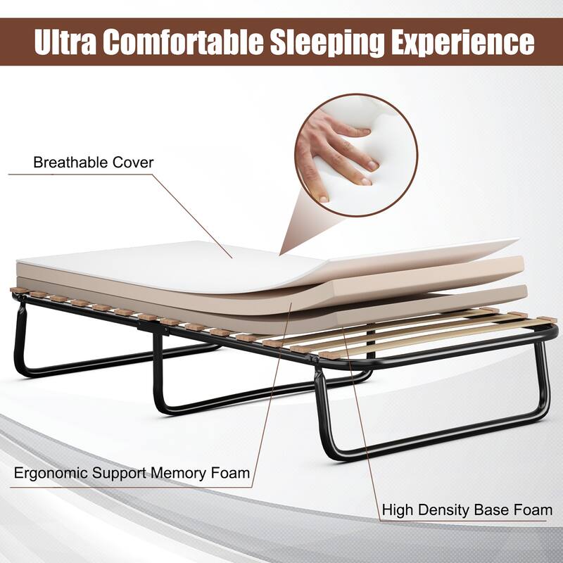 Gymax Portable Folding Guest Bed Cot with Memory Foam Mattress Twin