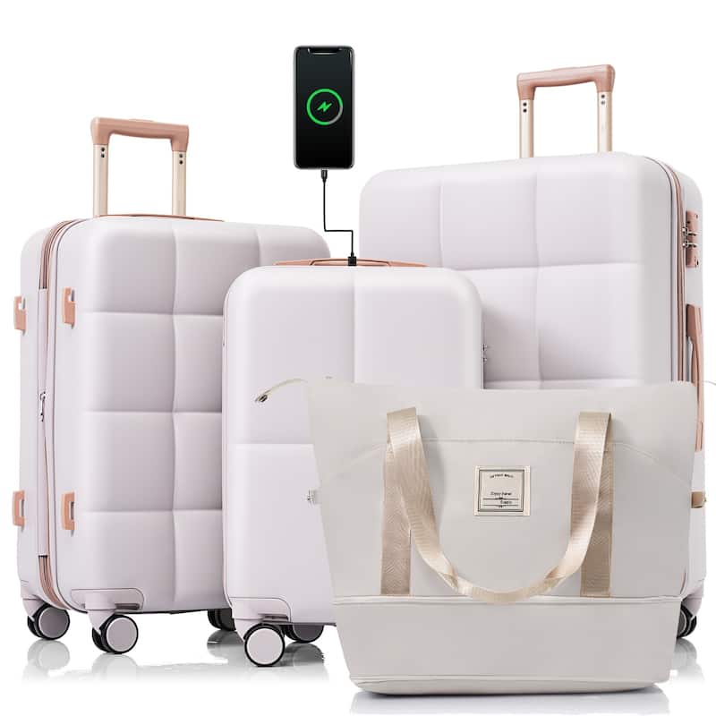 4 Piece Expandable Luggage Sets, ABS Durable Suitcase with Travel Bag and Cup Holder, Hard Shell Spinner Wheels Luggage - LIGHT GREY