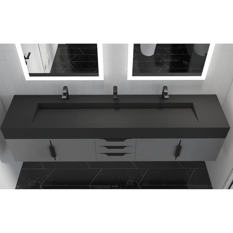 Nile 84-Inch Wall Mounted Bathroom Vanity Set w/ Black Top