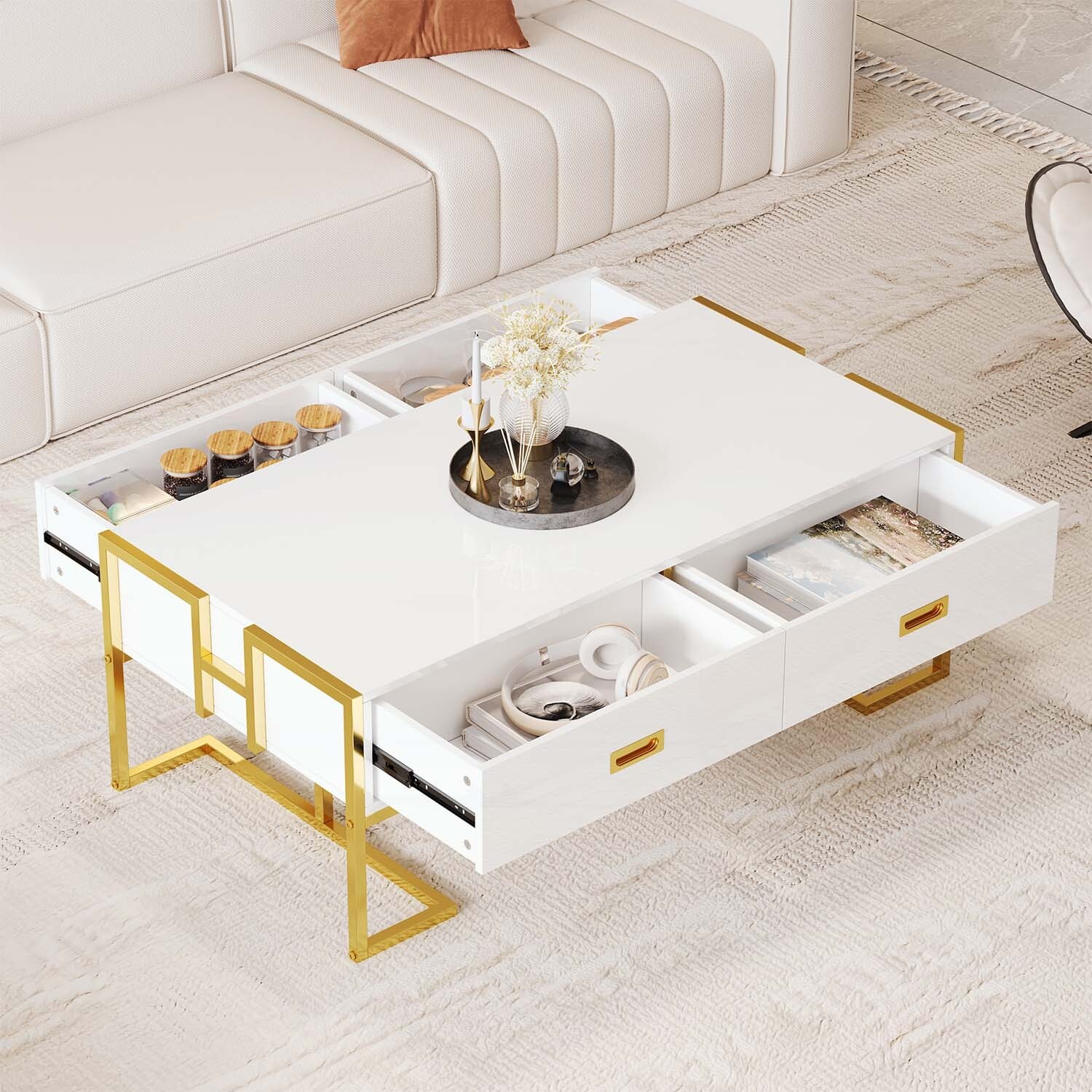 Modern Rectangular Coffee Table with 4 Drawers and Gold Base.