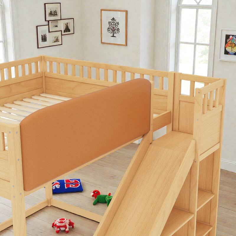 Loft Bed with Upholstered Headboard, Storage Shelves, Ladder and Slide, Solid Wood Frame