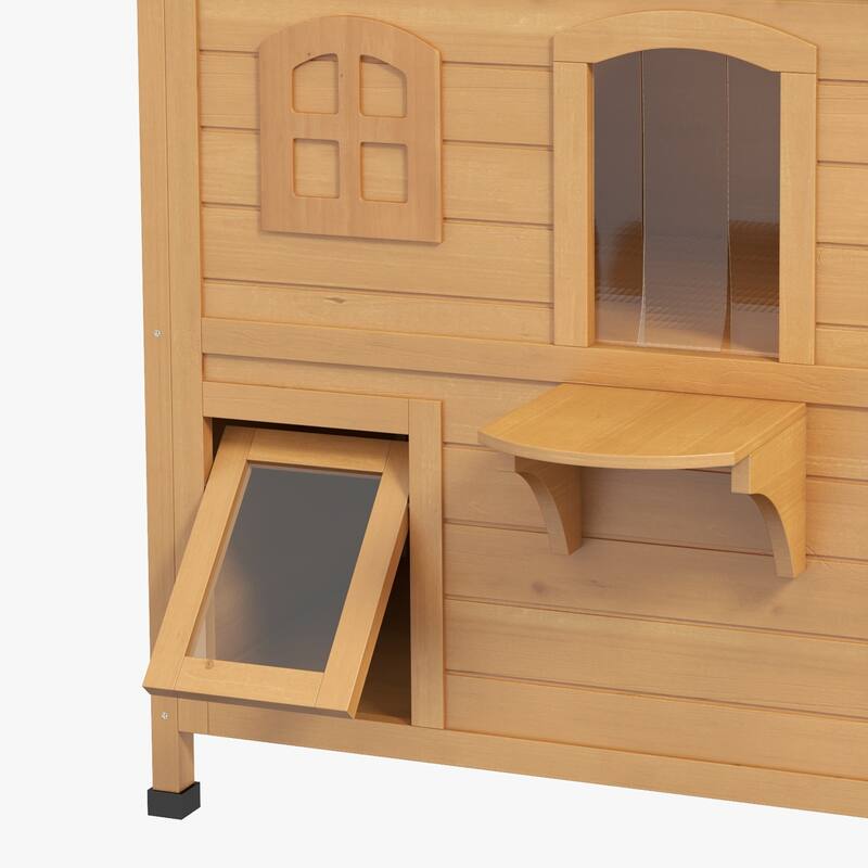 PawHut Fir Wood 2-Story Outdoor Cat House, Wooden Feral Cat Shelter with Openable Asphalt Roof for Indoor/Outdoor, White / Grey
