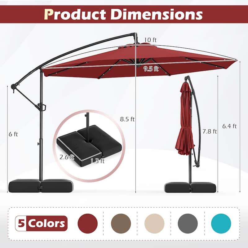 Large 10 Feet Patio Offset Umbrella with Stable Crossed Base and Solar LED Lights for Outdoor