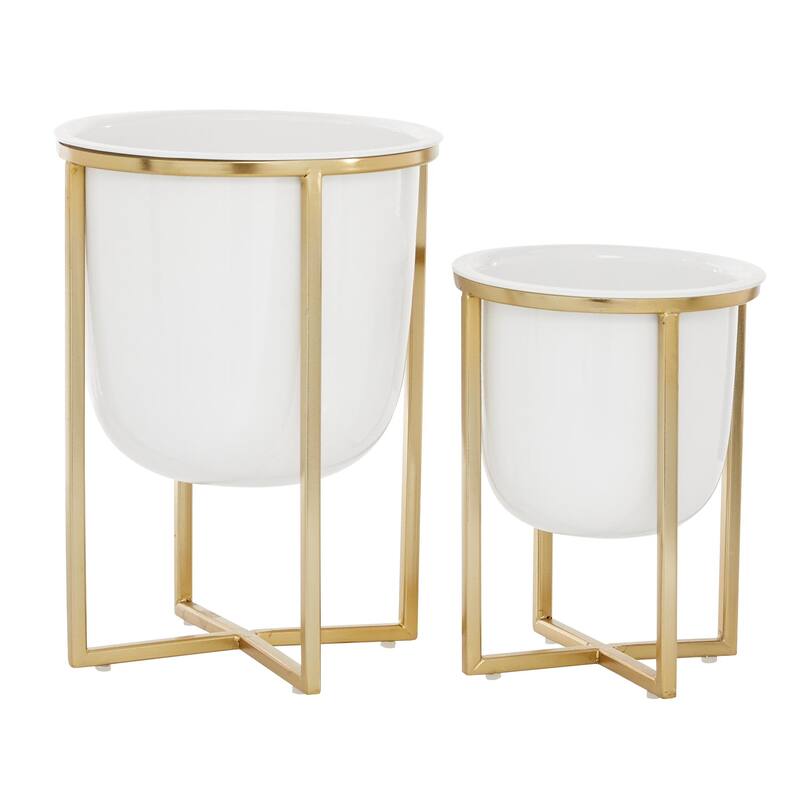 Metal Dome Indoor Outdoor Planter with Gold X-Shaped Stands - Set of 2 White - CosmoLiving by Cosmopolitan