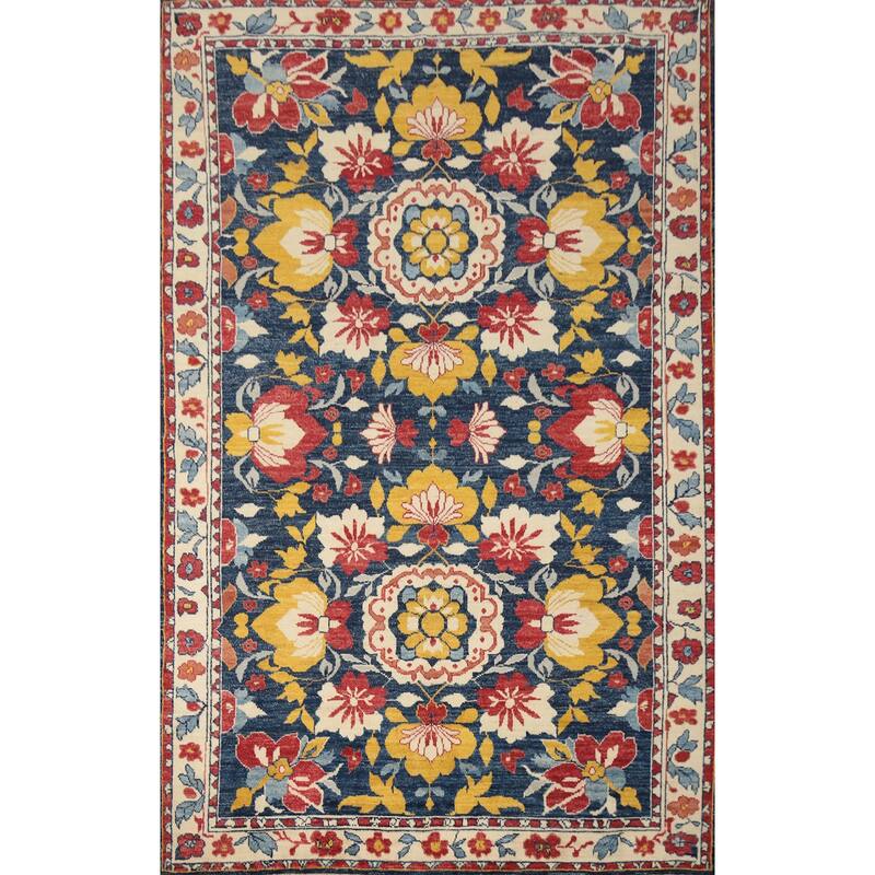 Hand Knotted Oriental 100% Wool Carpet Transitional All-Over Navy Blue & Blues Oushak Area Rug - 9' 10'' X 6' 6''