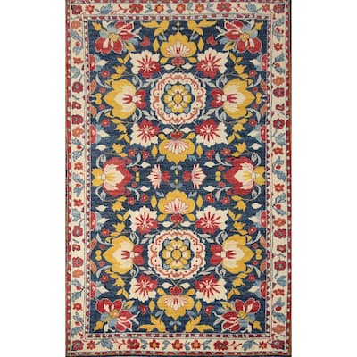 Hand Knotted Oriental 100% Wool Carpet Transitional All-Over Navy Blue & Blues Oushak Area Rug - 9' 10'' X 6' 6''
