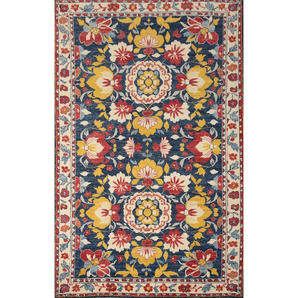 Hand Knotted Oriental 100% Wool Carpet Transitional All-Over Navy Blue & Blues Oushak Area Rug - 9' 10'' X 6' 6''