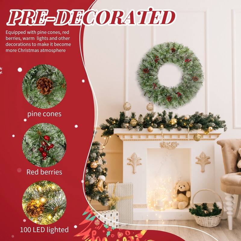2 Pack 24in Pre-lit Christmas Wreath, Lighted Artificial Xmas Wreath with Red Berries Pine Cones, for Party Decorations