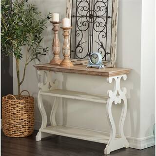 White Wood Scroll Side Frames 2 Shelf Console Table with Brown Wood Top - White or Black