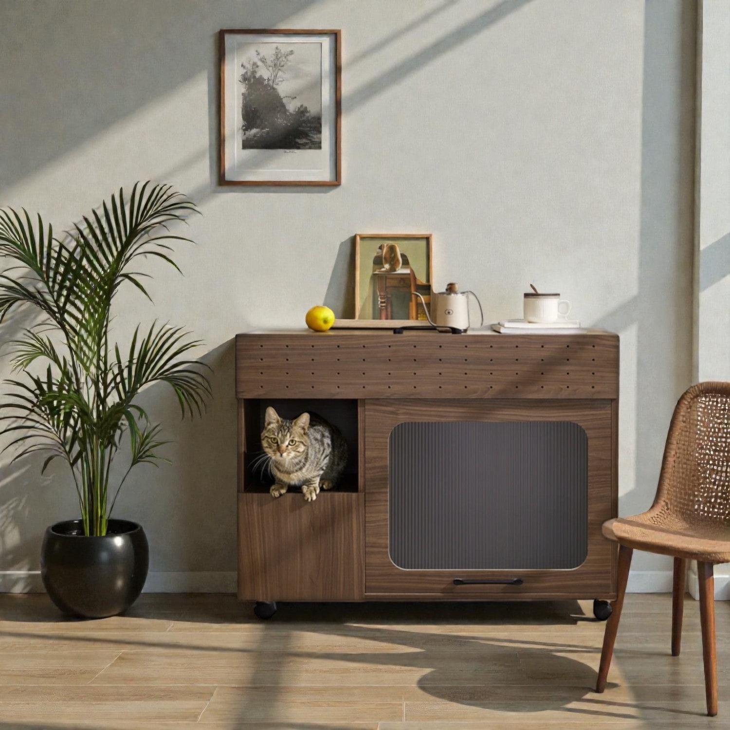 2-in-1 Cat Litter Box Enclosure Walnut Side Table, Modern Storage Cabinet with Hidden Litter Area & Wheels for Living Room