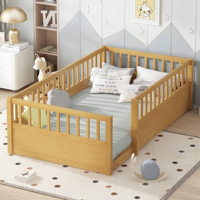 Twin Wooden Floor Bed with Fence for Kids, Natural Pine Frame for Bedroom or Playroom - Natural