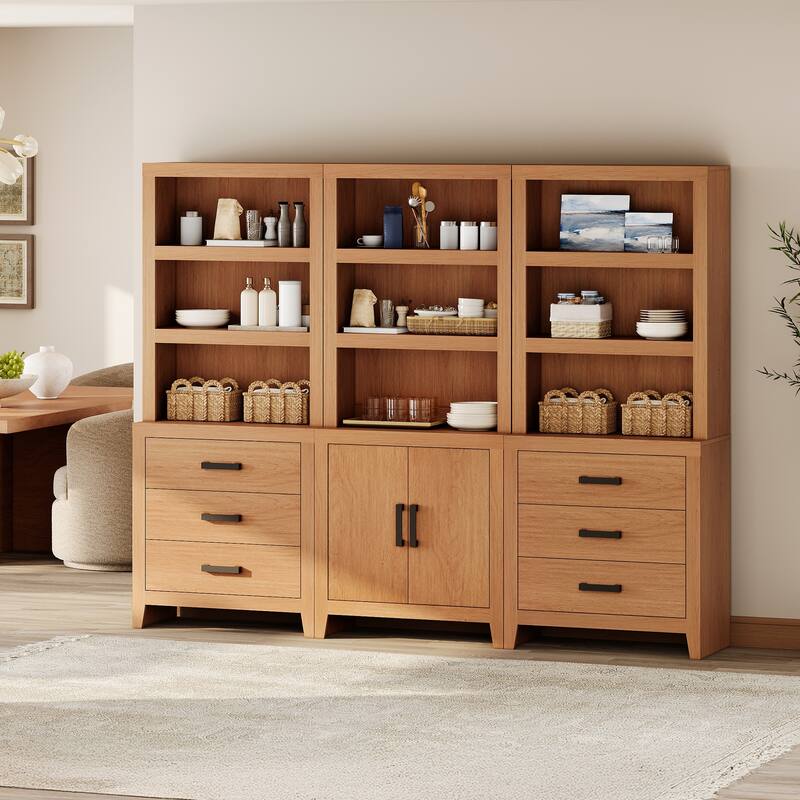 WAMPAT 74" 3-Piece Bookcase, Farmhouse Storage with Doors & Drawers