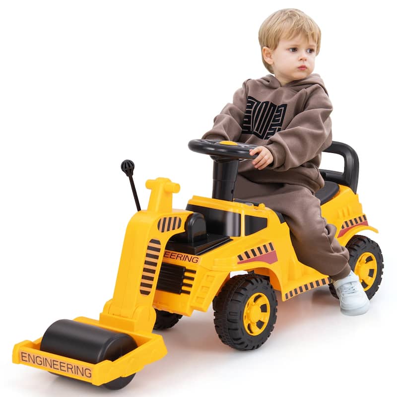 Kids Ride On Road Roller Toy Construction Vehicle with Steering Wheel Engine Sound and Under Seat Storage for Toddlers