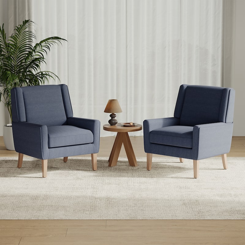 Mid-Century Linen Wing Chair - Tailored Channel Tufting & Walnut Tapered Legs, Compact Accent for Reading Nooks - Set of 2 - Blue