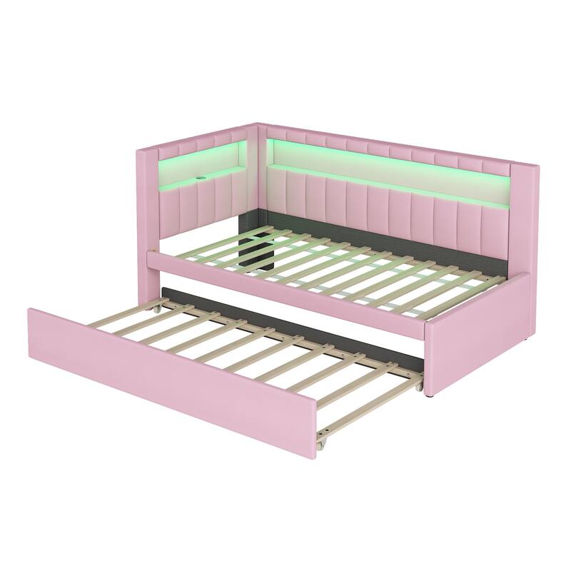 Twin Size Upholstered Platform Bed with USB Ports, LED Lighting, and Trundle in Pink