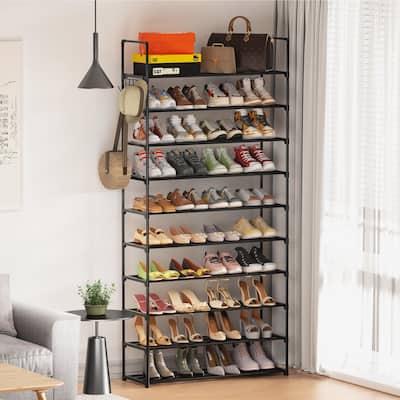 Shoe Rack,10 Tier Shoe Organizer Large Shoe Storage with Hooks,Fit 40-50 Pairs Shoes,Metal Tall Shoe Shelf