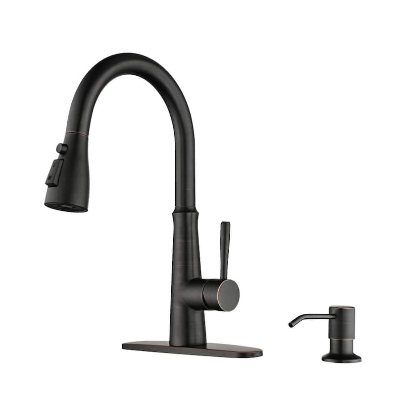 WOWOW Single Handle 3-Mode Pull Out Sprayer Kitchen Faucet - With Soap Dispenser - Oil Rubbed Bronze