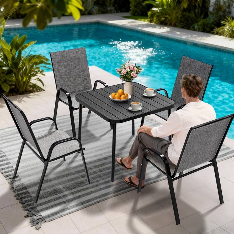 4-Person Patio Dining Set, Textilene Stackable Chairs and Square Table with Umbrella Hole
