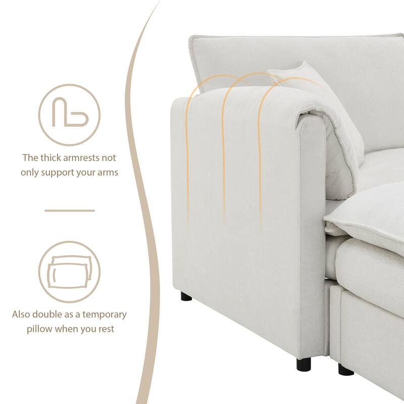 Cream Chenille U-Shaped Sectional Sofa Bed - 6 Seats, Double Cushions, Removable Ottomans