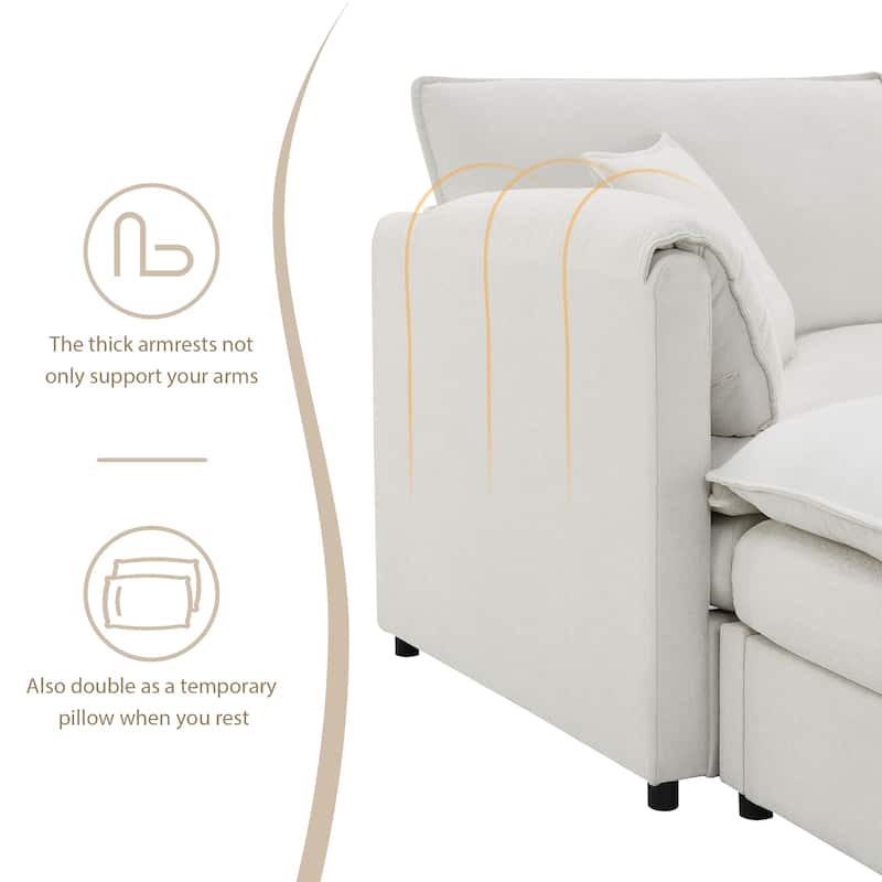 White 134" Chenille U-Shaped 6-Seater Sofa with Detachable Ottomans