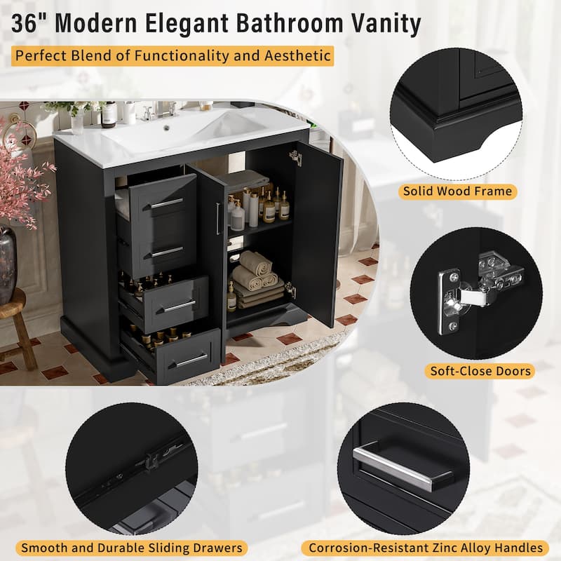 36" Modern Bathroom Vanity with Ceramic Sink, Soft-Close Door, Adjustable Shelf & 3 Drawers, Ample Storage