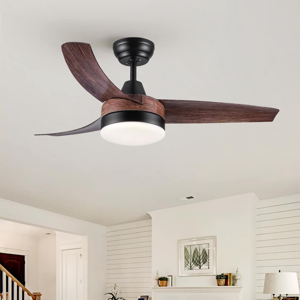 42" YUHAO Farmhouse Rustic LED Ceiling Fan with Brown Wood Grain ABS Blades and Remote Control